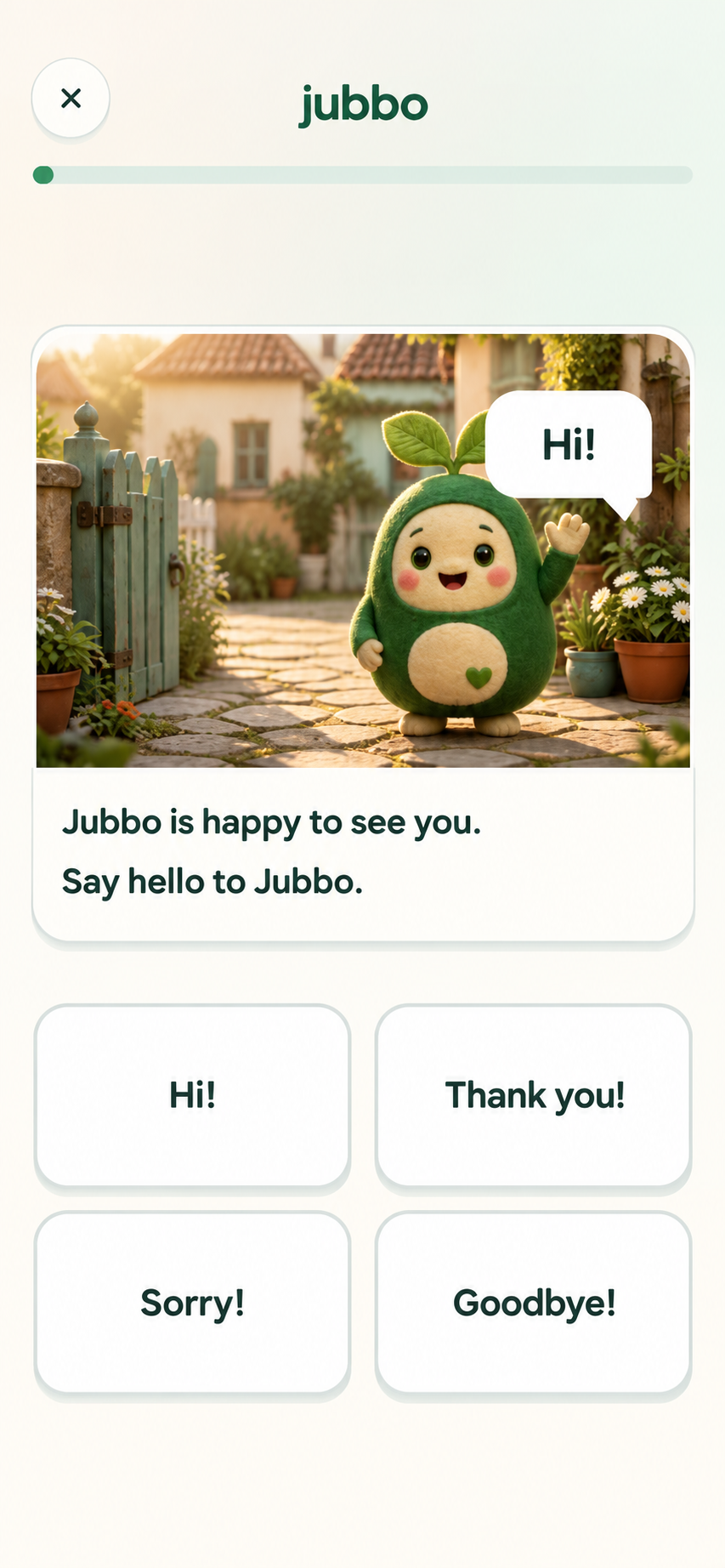 Illustrative Jubbo app concept: a greeting lesson with the green Jubbo character in a cottage garden.