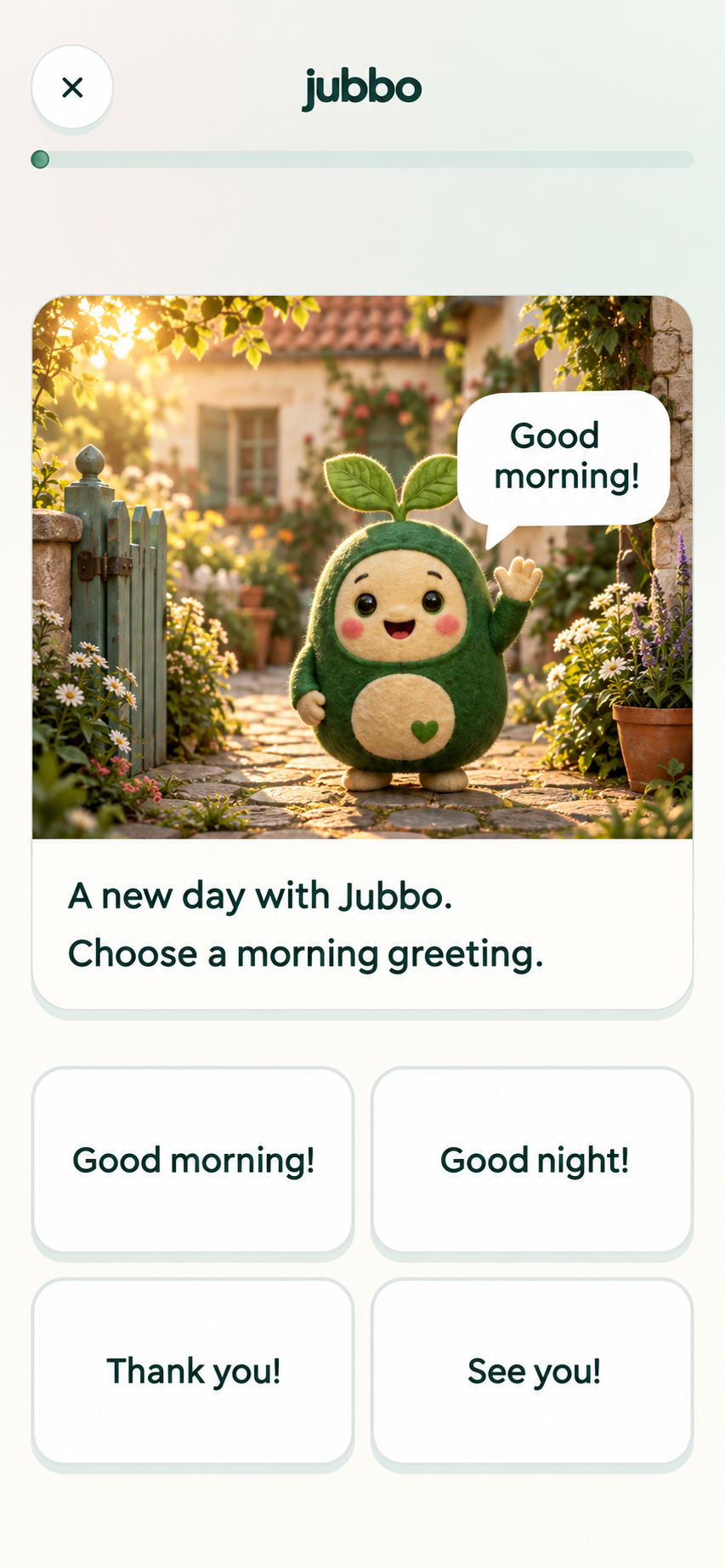 Jubbo morning greeting lesson concept with the green character and four answer choices.